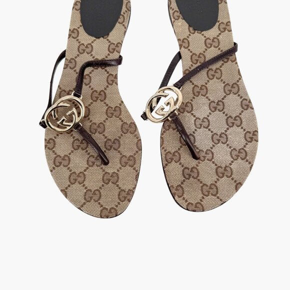Gucci Interlocking GG Flat Thong Sandals Size 7 Brown Monogram Flip Flop Slide - Picture 3 of 12